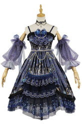 Blue Skull Print Hanayome Bowknot Pearl Chain Multi-Layer Ruffled Gothic Lolita JSK Tiered Dress